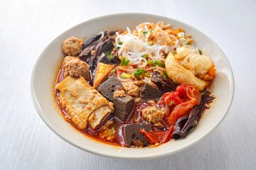 Rice Vermicelli with Northern Thai Curry Sauce, Thai called Khanom Jeen Nam Ngiao, Northern thai cusine