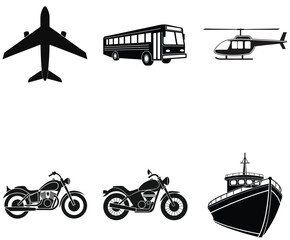 Basic Black Icons of Land, Air, and Sea Transport