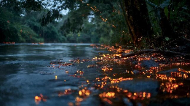 Enchanting Glow-Worm River at Night Biollumination in the Rainforest