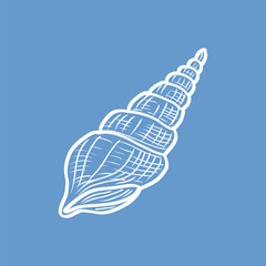 Minimalist seashell illustration with white outlines on blue. Use for marine wall decor, ocean motifs, or decorative posters.