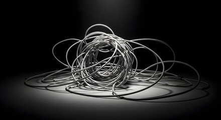 A tangled ball of silver wire resting on a surface in a dark and dramatic setting