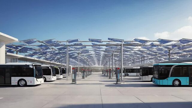 Modern bus station with solar panels and electric buses in urban setting  