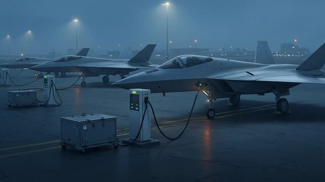 F-22 fighter jets refueling at military airfield during nighttime  
