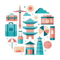 Flat vector icons of luggage and monuments