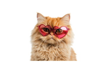 Cat in Love: A ginger cat with a fluffy coat, adorably poses while wearing heart-shaped glasses, exuding charm and affection. This cute, Valentine's Day-themed image is perfect for expressing love.