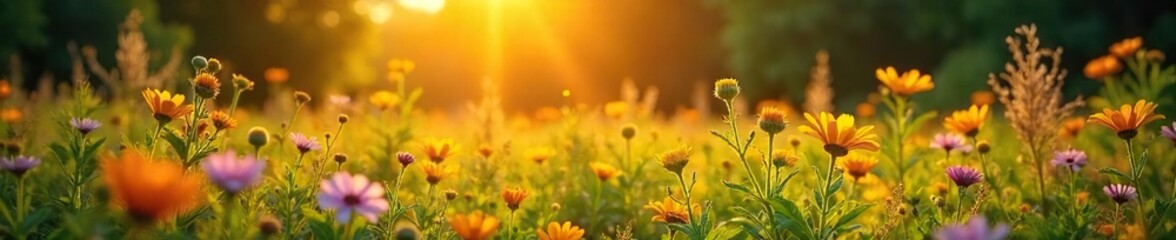 Obraz premium Golden hour sunlight bathes a vibrant summer landscape, illuminating wildflowers and lush greenery Perfect for summer, vacation, and nature themes , grass, meadow, calm