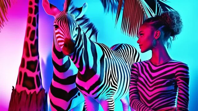 Exotic portrait of an attractive young woman alongside zebra and giraffe imagery