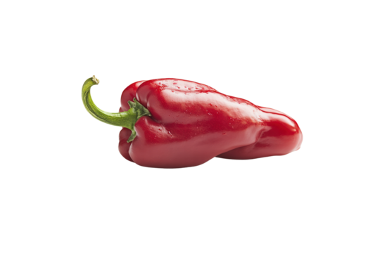 Red Bell Pepper: A vibrant, ripe red bell pepper, glistening with moisture, sits on a plain background. Its smooth skin and characteristic shape are beautifully displayed.