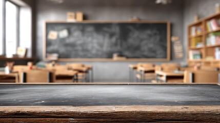 Slate chalkboard surface mockup with matte finish in foreground and softly blurred classroom background