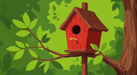 Red Birdhouse in Lush Green Summer Foliage: A Charming Illustration