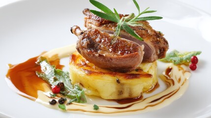 French duck confit with potato gratin and sauce, on elegant plate, isolated on white