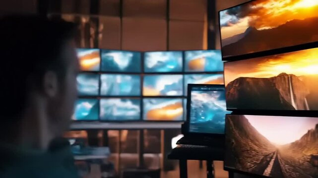 Concentrated Man Working at Computer Station with Stunning Landscape Display