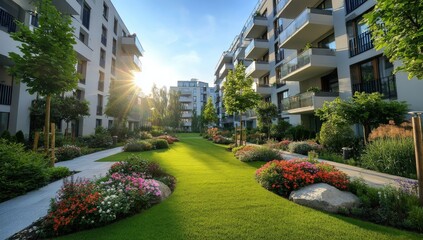 Modern apartment buildings surround a lush, landscaped garden with vibrant flowers and green lawns under the sunlight.