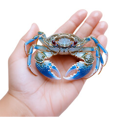 Fresh Blue Crab Isolated on hand transparent Background Ready for Cooking