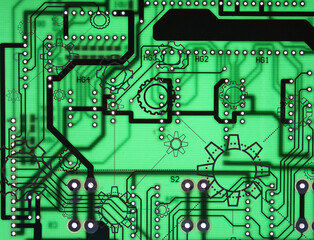 ranslucent Printed Electronic Board with White Silhouettes of Variety Cogwheels on Foreground....