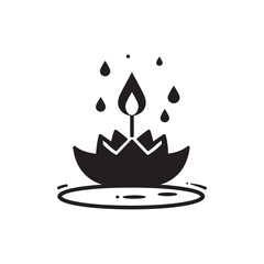 A black and white silhouette showcasing a candle within a lotus flower, symbolizing peace, focus, and spiritual growth, accompanied by water droplets depicting tranquility and the essence of nature.
