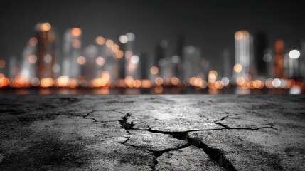 Dark concrete floor mockup with subtle cracks in foreground and softly blurred urban street background