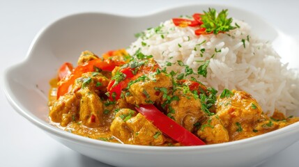 Indian curry with rice served in bowl-shaped plate, bright colors, white studio backdrop