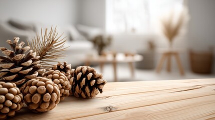 Light pine table mockup with fresh wood knots in foreground and softly blurred Scandinavian interior background