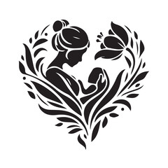 Floral Silhouette of Mother and Child Love
