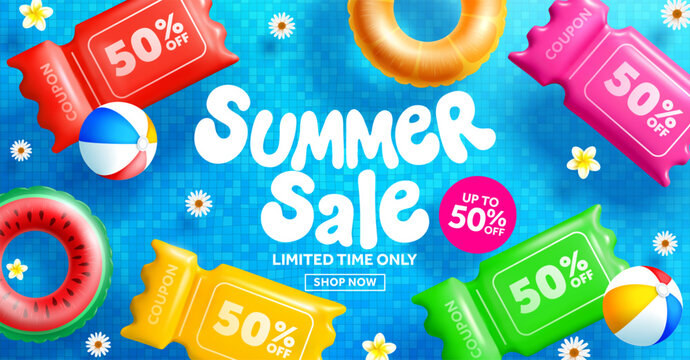 Colorful summer sale banner with floating fruit pool float vector and discount coupons with beach balls in swimming pool for summer promotion and summer shopping event template