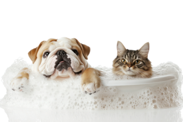 Bath Time Buddies: A playful English Bulldog puppy and a charming Maine Coon cat share a bubbly bath, their expressions a mix of contentment and amusement.