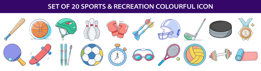Collection of Twenty Flat Vector Icons for Sports and Recreation Activities