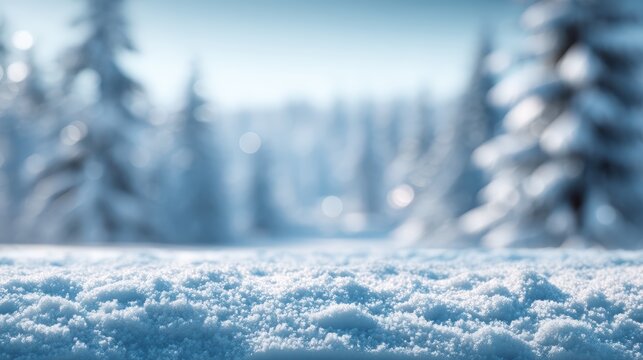 Snow-covered ground mockup with powdery texture in foreground and softly blurred winter forest background