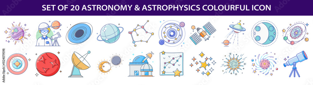 Wall mural collection of twenty astronomy and astrophysics related colorful icons in vector format
