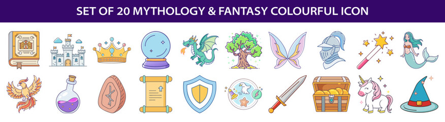 Fantasy and Mythology Colorful Icon Set with Dragons, Unicorns and Fairies