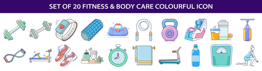 Set of 20 Fitness and Body Care Colorful Icons Collection Isolated