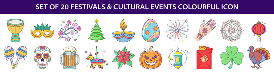 Fototapeta premium Collection of Twenty Festival and Cultural Event Icons in Colorful Style