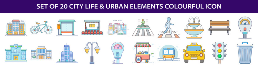 Fototapeta premium Collection of 20 City Life and Urban Elements Colorful Vector Icons Set