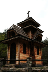 Detailed view of the handcrafted wooden chapel of Saint Andrew in Mokra Gora, Serbia.