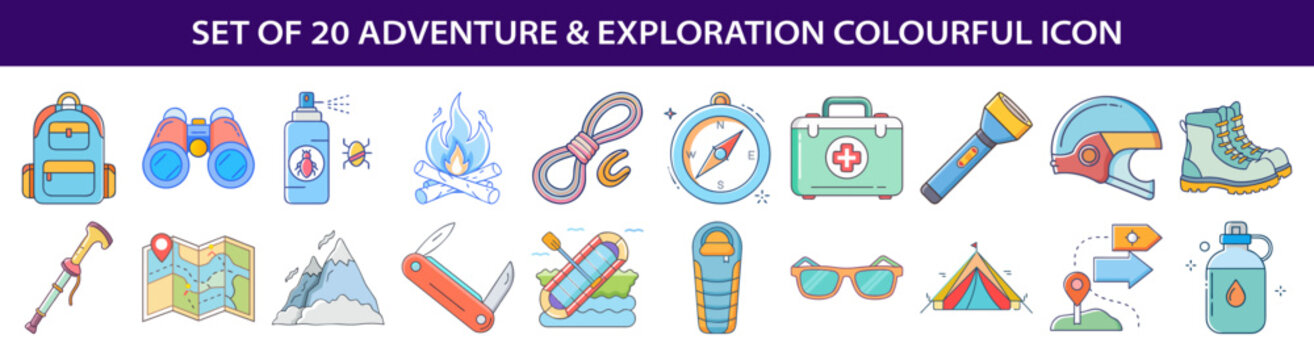 Collection of adventure and exploration icons representing camping, hiking and outdoor activities