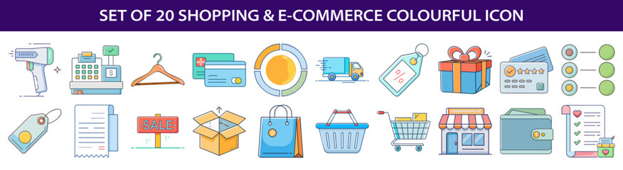 Fototapeta premium Set of 20 colorful ecommerce icons including shopping cart and payment options