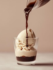 Affogato. Ice cream vanilla with espresso. Cup of Coffee on gray background. 