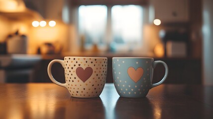 Two coffee cups with heart-shaped foam designs placed side by side on a cozy kitchen table