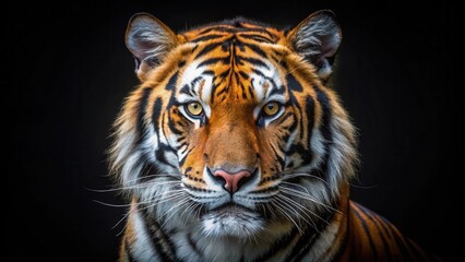 Fototapeta premium A tiger's majestic face is centered against a dark black background