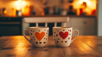 Two coffee cups with heart-shaped foam designs placed side by side on a cozy kitchen table