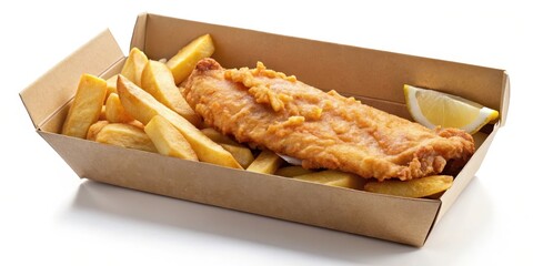 A plate of fish and chips placed in a cardboard take away box with a lid slightly opened