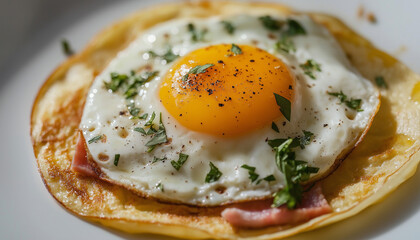 Ovo frito em um crepe saboroso decorado com ervas e presunto