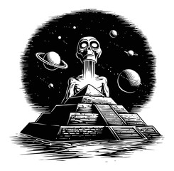 Alien Figure Rising Above Pyramid in Cosmic Landscape Engraving Art