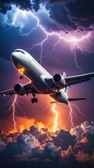Airplane in stormy sky with lightning