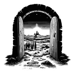 Engraving of Doorway with Scenic Landscape and Starry Night Sky