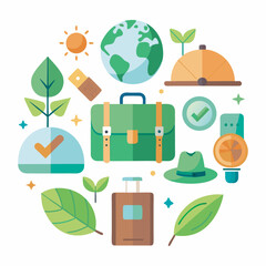 Green travel essentials with leaves and backpack