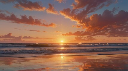 Sunset on a quiet coast with golden light reflecting off gentle waves and soft clouds casting a warm glow