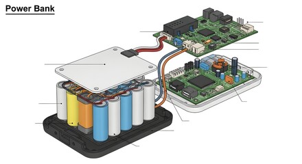 Exploded view of a power bank showing batteries and circuit boards connected by wires