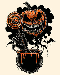 Spooky Pumpkin Illustration with Lollipop and Witch's Cauldron for Halloween