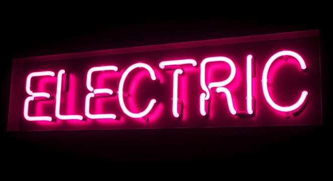 A close up shot of a bright pink neon sign that reads the word electric on black wall